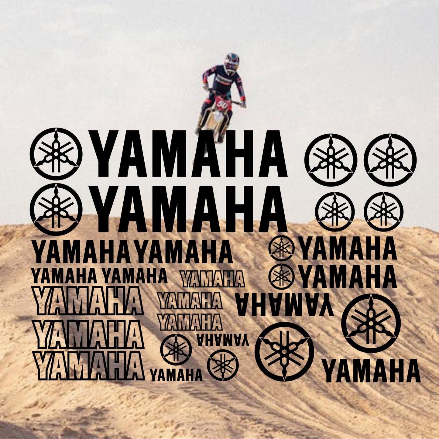 YAMAHA - Set of 22 vinyl stickers. Decals featuring the Yamaha logo and name, motorcycles, helmets, cars, and more.