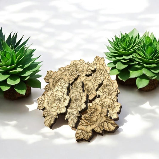 Formas de rosas com folhas de madeira – Formas para artesanato cortados a laser (10–100 peças) – 35 x 25,6 mm, 3 mm de espessura – Para projetos florais e DIY