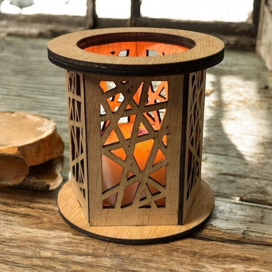 Conjunto de 2 lanternas de madeira cortadas a laser – design geométrico, porta-velas artesanais