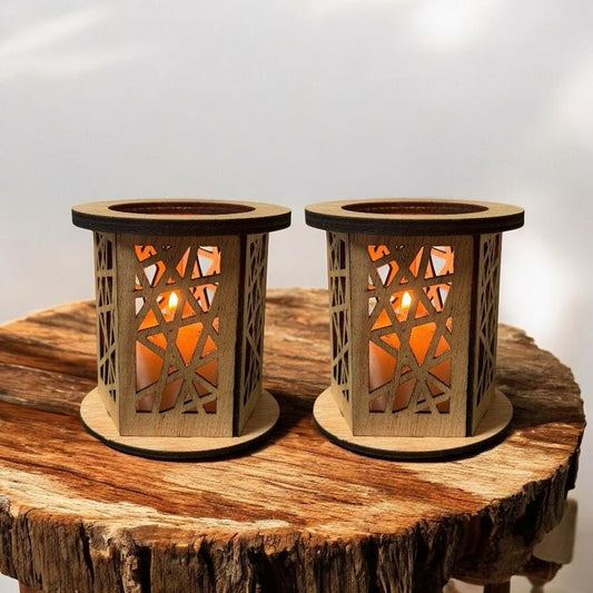Conjunto de 2 lanternas de madeira cortadas a laser – design geométrico, porta-velas artesanais