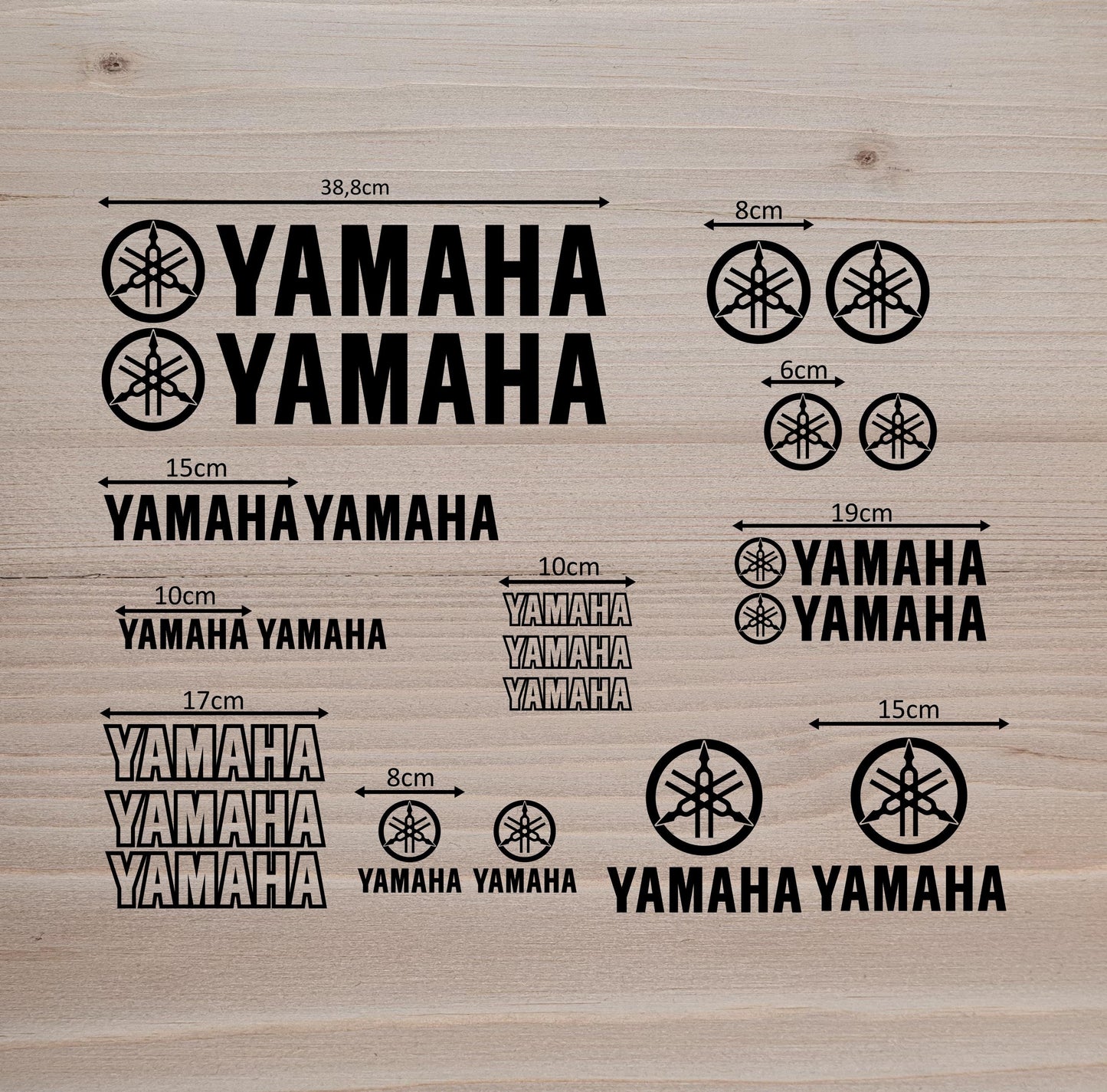 YAMAHA - Set of 22 vinyl stickers. Decals featuring the Yamaha logo and name, motorcycles, helmets, cars, and more.