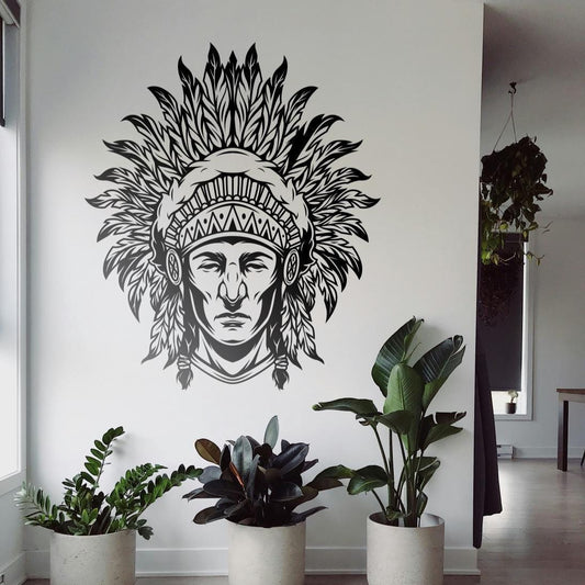 Autocolante em vinil com cabeça de chefe tribal – Autocolante de parede inspirado nos nativos americanos – Vinil brilhante recortado Avery Dennison