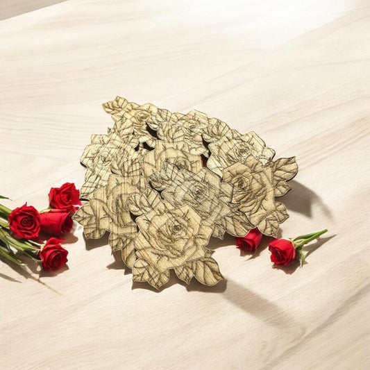 Formas de rosas com folhas de madeira – Formas para artesanato cortados a laser (10–100 peças) – 35 x 25,6 mm, 3 mm de espessura – Para projetos florais e DIY