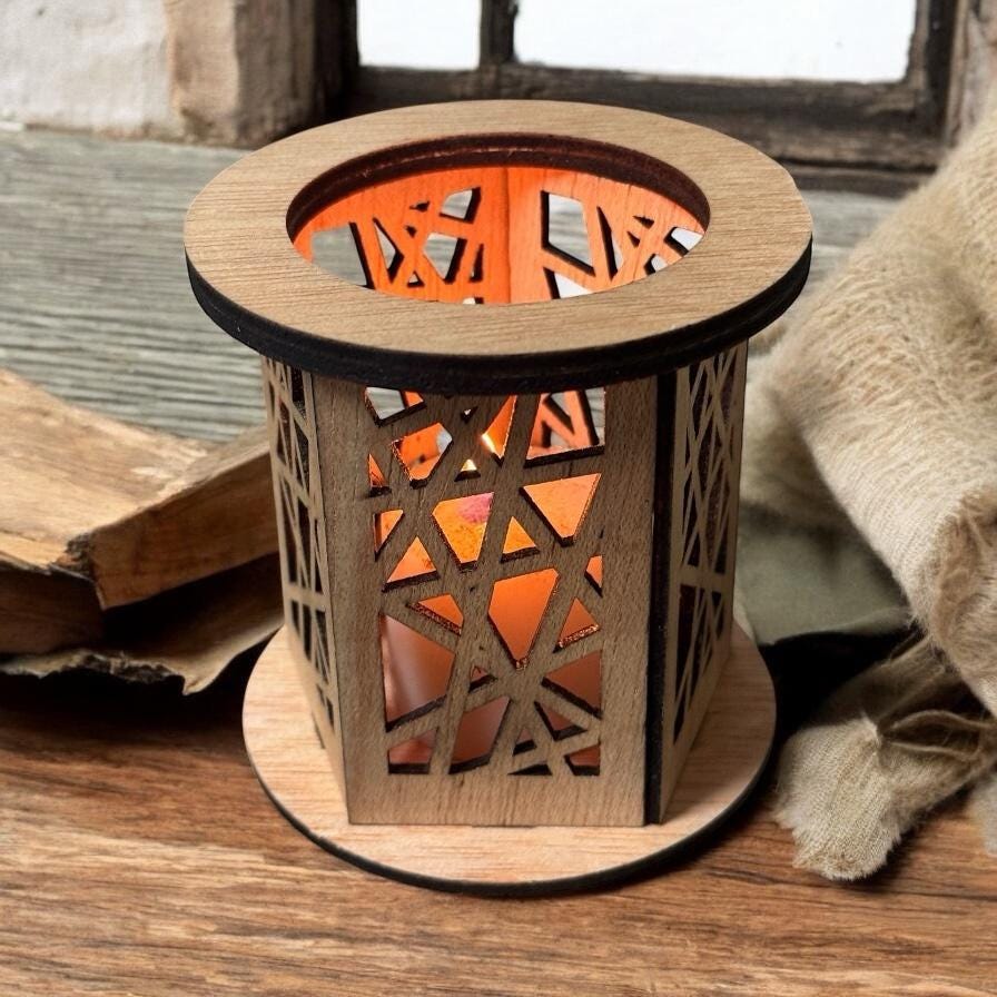 Set of 2 Laser Cut Wooden Lanterns - Geometric Design, Handmade Candle Holders
