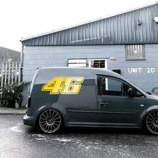 Rossi 46 - Conjunto de 2 autocolantes – Par de autocolantes de corrida número 46 – Autocolantes em vinil recortado para automóveis, motos e muito mais